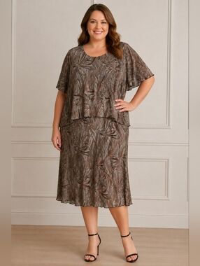 Dressbarn Woman Plus Size 18W Brown Metallic Overlay Midi Dress Party Career Eve